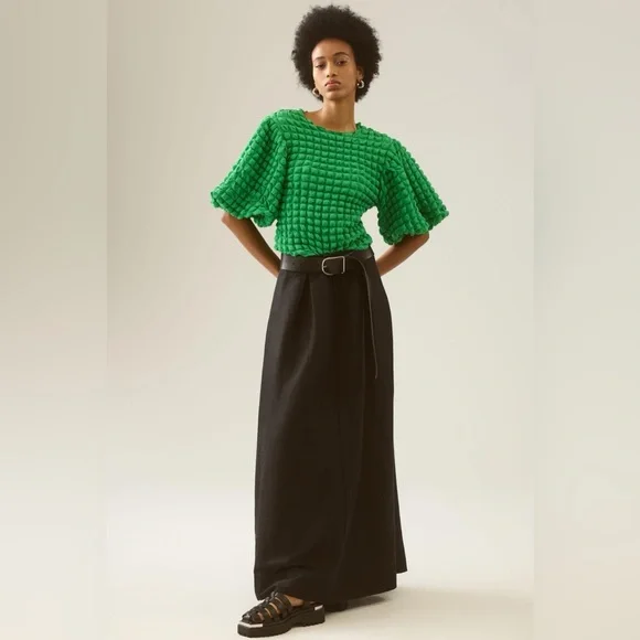 Anthropologie Eri + Ali Green Textured Puff-Sleeve Top XL - Picture 3 of 8